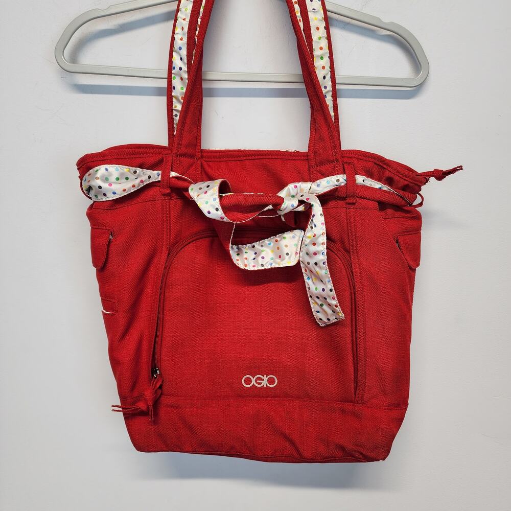 Ogio Red Laptop Tote Diaper Bag Canvas Shoulder Polkadot Lined Multipocket